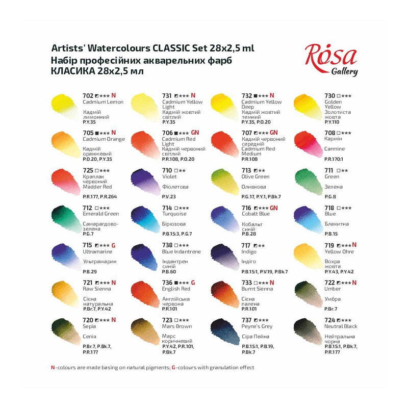 Rosa Gallery Artists' Watercolours Classic Set (28 Whole Pans)